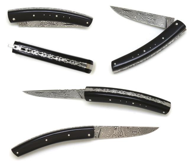 COUTEAU LE THIERS® EN POINTE DE CORNE NOIRE PLEIN MANCHE - LAME DAMAS