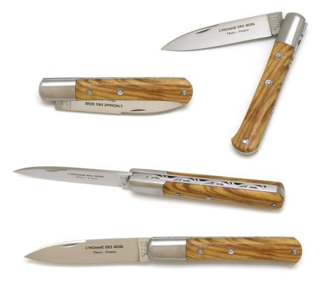 COUTEAU DE POCHE YSSINGEAUX EN BOIS D'OLIVIER GAMME VINTAGE CISELEE - 1 MITRE EN INOX - AVEC ROSETTES