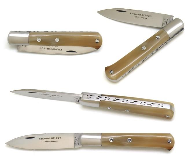 COUTEAU DE POCHE YSSINGEAUX EN POINTE DE CORNE BLONDE GAMME VINTAGE CISELEE - 1 MITRE EN INOX - AVEC ROSETTES