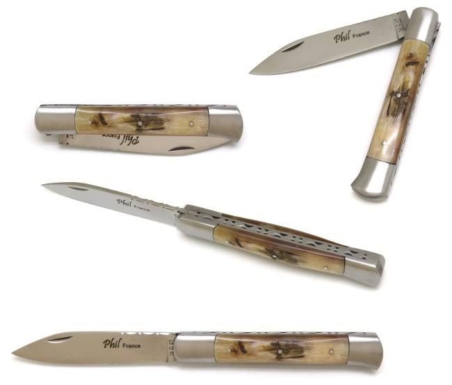 COUTEAU DE POCHE ROQUEFORT EN CORNE DE BELIER MANCHE 11,5 CM - 2 MITRES EN INOX