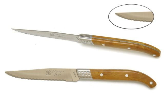  COUTEAU STEAK  YATAGAN MANCHE FACON OLIVIER LAME INOX A TRANCHANT MICRODENTE
