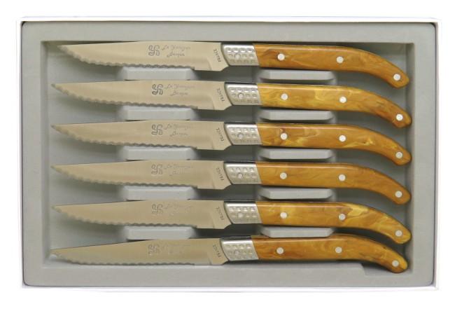 6 COUTEAUX STEAK MANCHE EN RESINE FACON OLIVIER LAME A TRANCHANT MICRODENTE - EN COFFRET CARTON