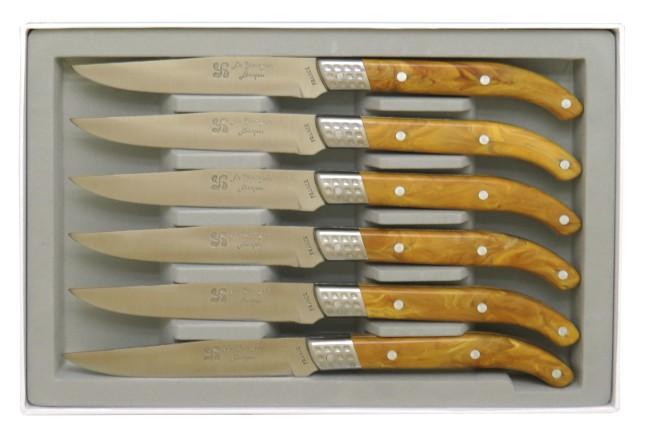 6 COUTEAUX STEAK MANCHE EN RESINE FACON OLIVIER LAME A TRANCHANT LISSE - EN COFFRET CARTON