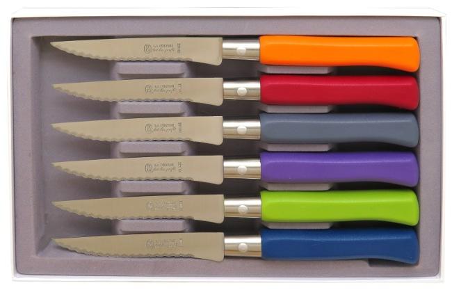 6 COUTEAUX DE TABLE COUNTRY COULEURS MELANGEES COFFRET DE 6 COUTEAUX DE TABLE A LAME MICRODENTEE