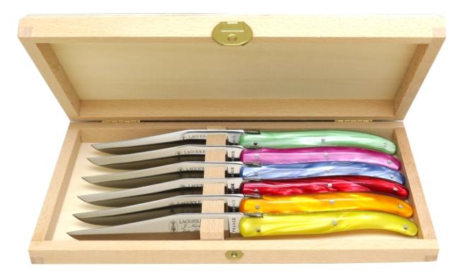 COUTEAUX LAGUIOLE PLEIN MANCHE 6 COULEURS 6 COUTEAUX DE TABLE EN COFFRET BOIS