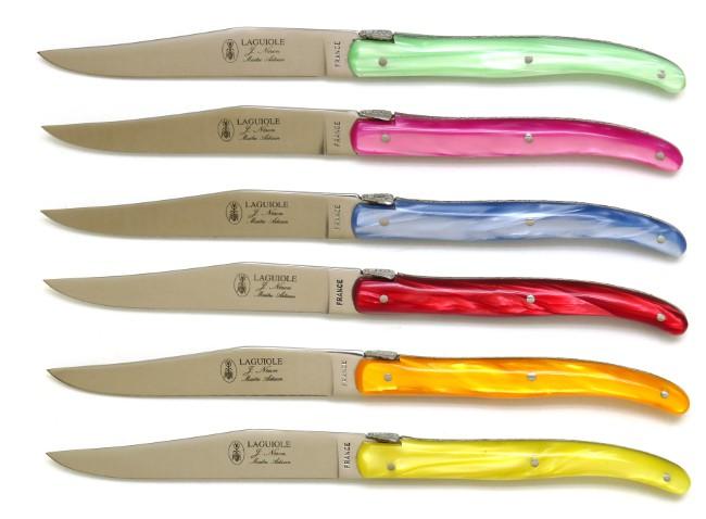 COUTEAUX LAGUIOLE PLEIN MANCHE 6 COULEURS 6 COUTEAUX DE TABLE EN COFFRET BOIS