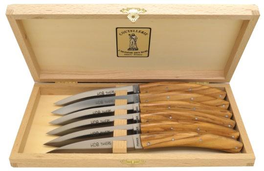 Coffret bois de 6 couteaux de table en olivier 