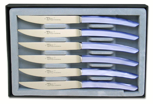 6 COUTEAUX DE TABLE LE THIERS® BLEU LAVANDE LAME FORGEE MICRODENTEE