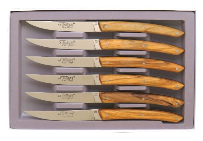 COUTEAUX LE THIERS® PREMIUM PLEIN MANCHE EN OLIVIER 6 COUTEAUX DE TABLE EN  COFFRET CARTON