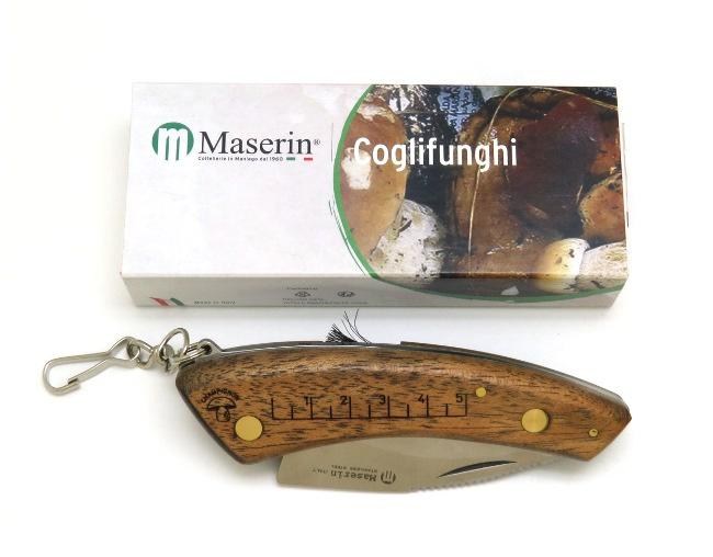 COUTEAU A CHAMPIGNONS HAUT DE GAMME MASERIN EN BUBINGA MANCHE 12  CM AVEC BROSSE ET MOUSQUETON