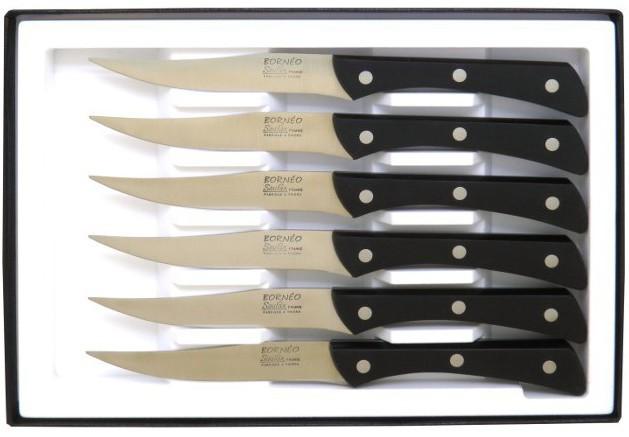 6 COUTEAUX STEAK BORNEO EN COFFRET CARTON MANCHE NOIR EN RESINE - LAME LISSE